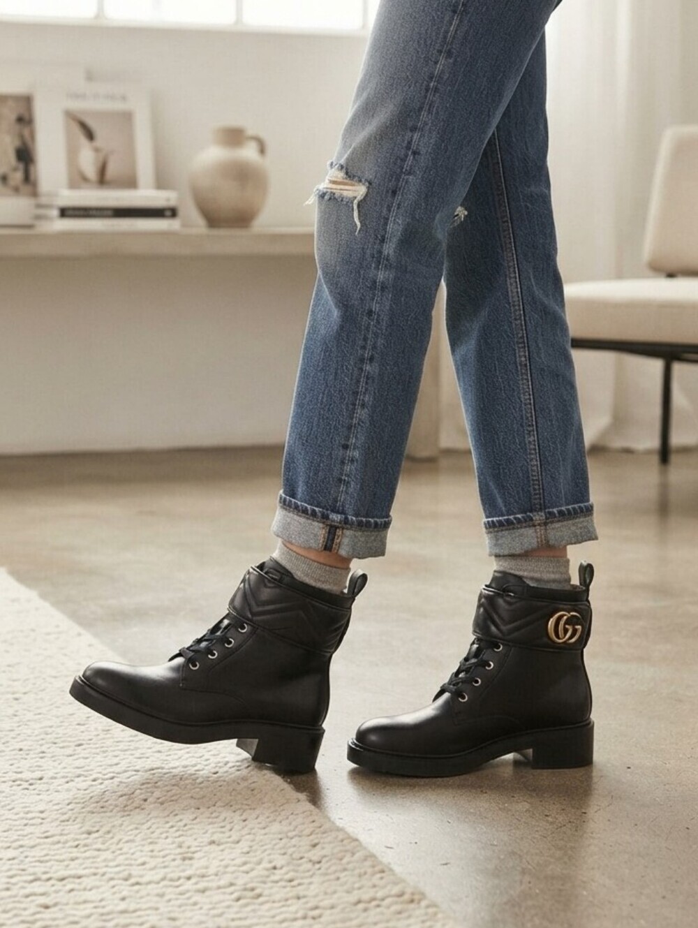 Gucci GG Marmont Black Leather Ankle Boots Combat Style Size 8B - Picture 3 of 10